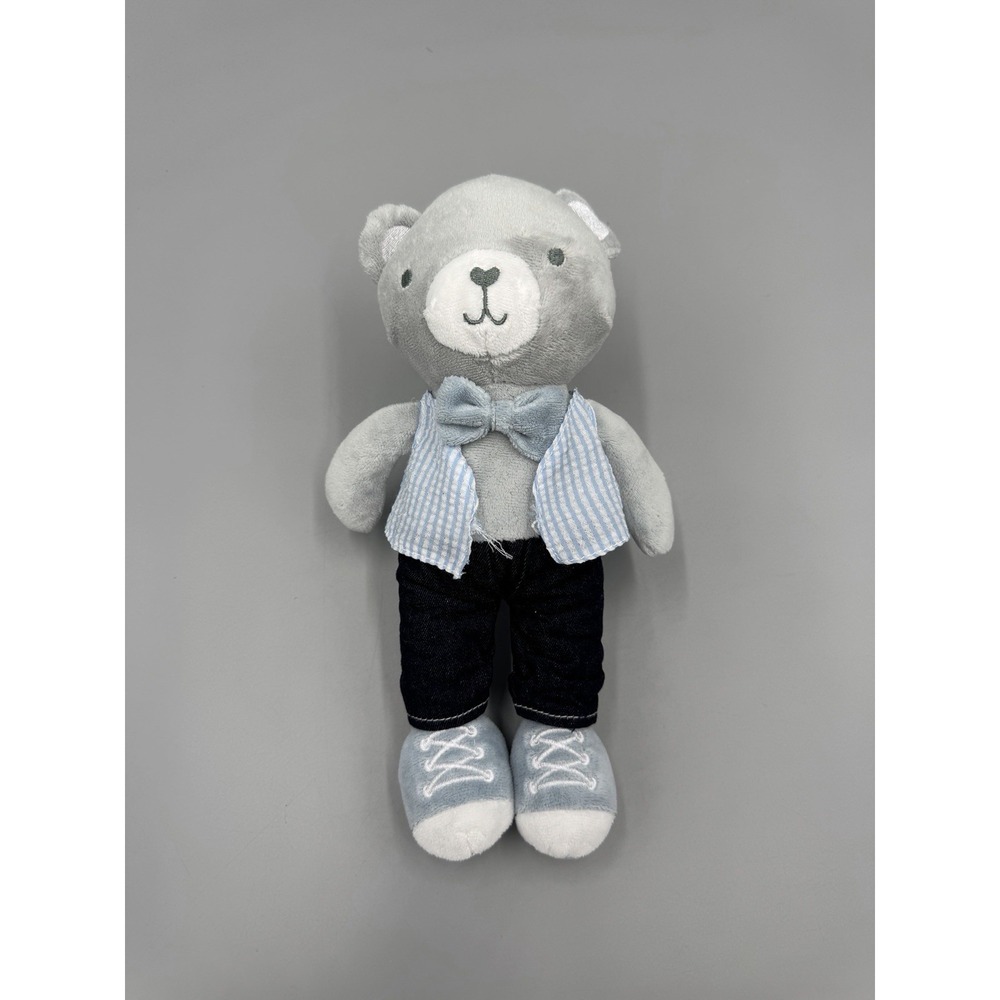Baby Gear Gray Bear Plush Blue Vest Striped Bow Tie Small 9 Inch Stuffed Animal